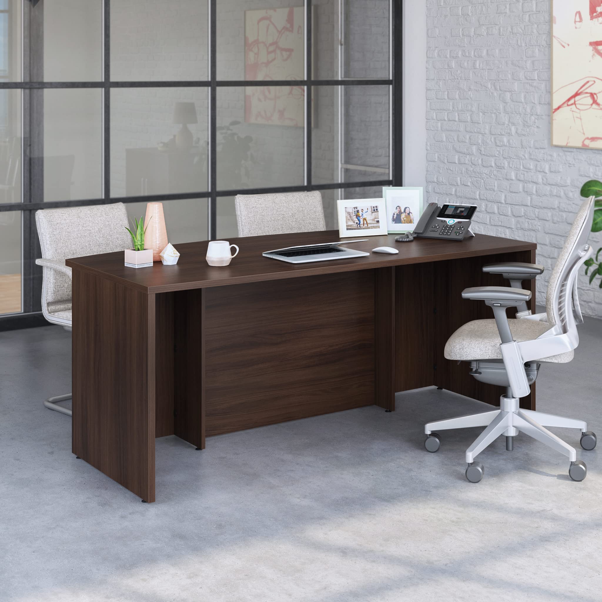 OfficeWorks by Sauder Affirm 72 X 36 Exe Brkfrt Bow Fr Dsk, L: 35.43'' x W: 71.10'' x H: 29.29'', Noble Elm - Image 4