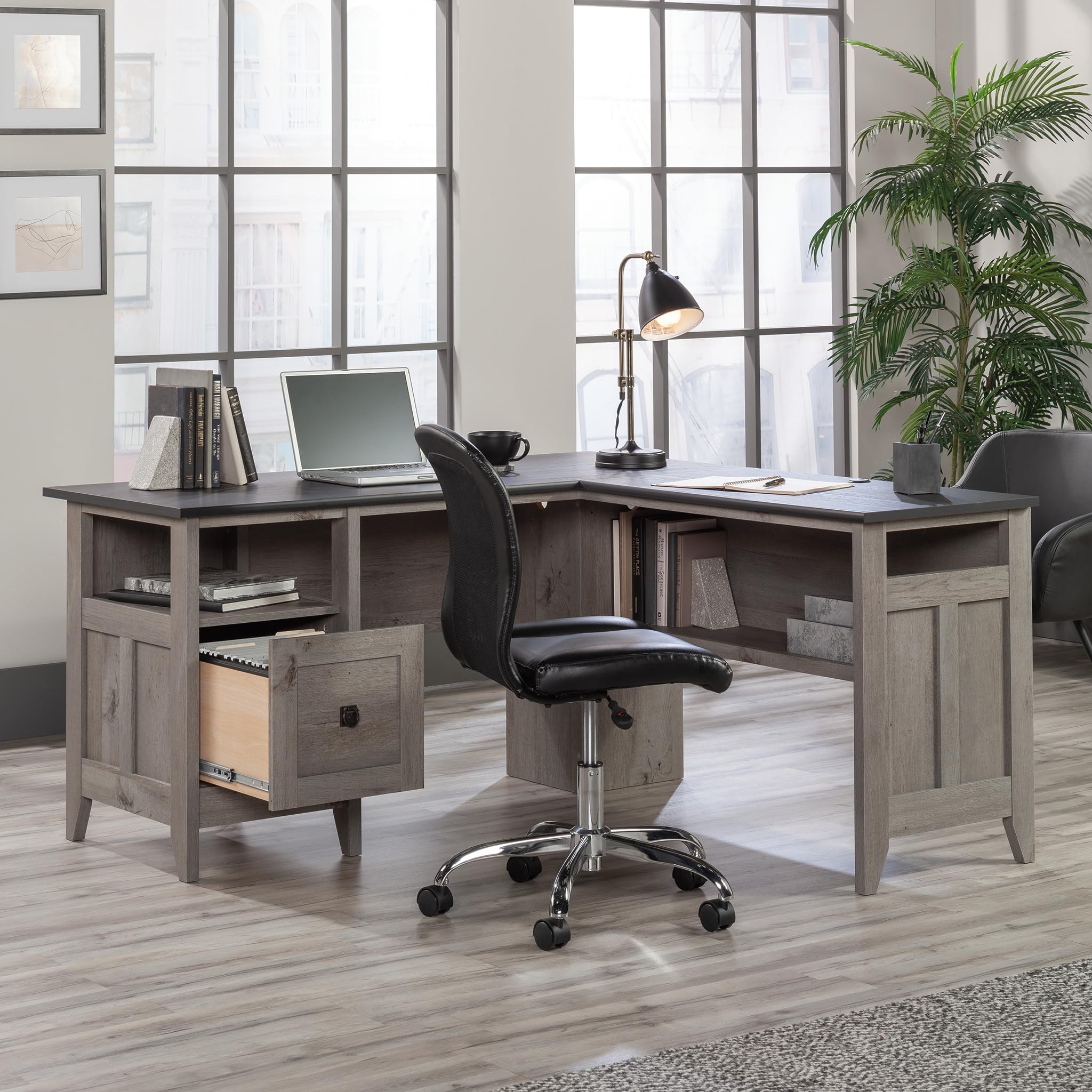 Sauder August Hill L-Shaped Home Office Desk, Farmhouse Corner Desk with File Drawer, Cable Management, Mystic Oak Finish - Image 7