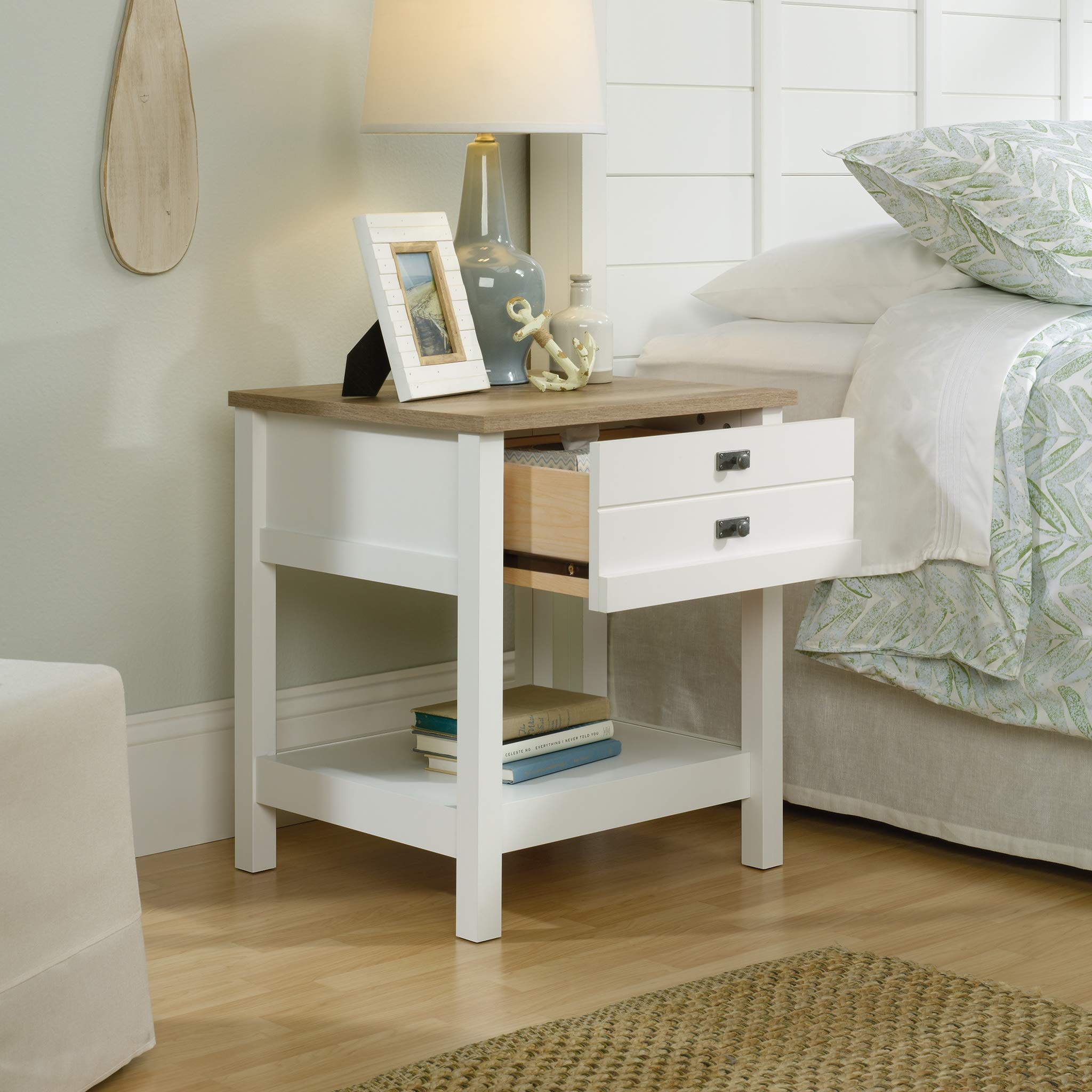 Sauder Cottage Road Nightstand, Farmhouse Style, Soft White with Oak Top - Image 4