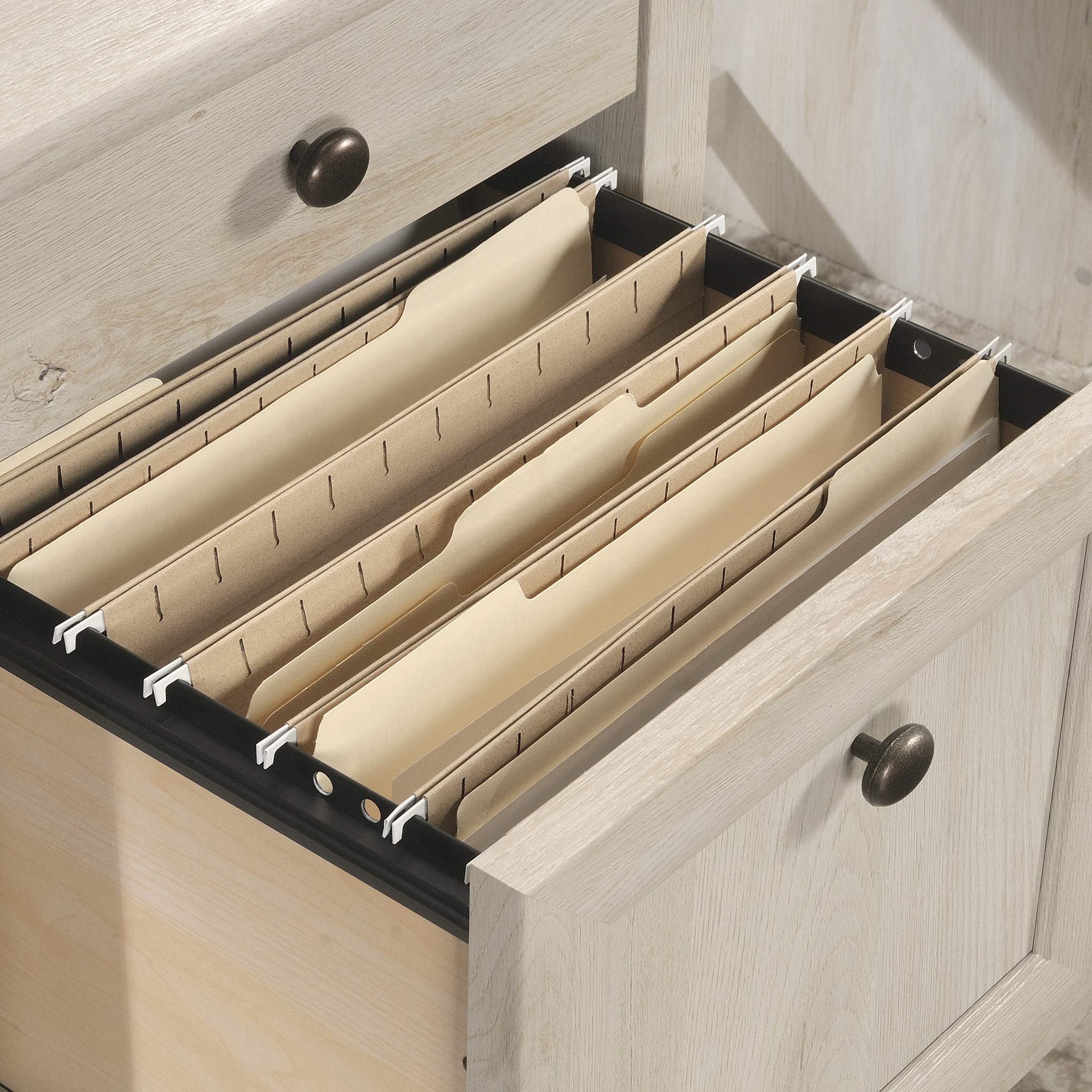 Sauder Edge Water L-Shaped Corner Desk with Storage Drawers and Open Shelf, in Chalked Chestnut - Image 10