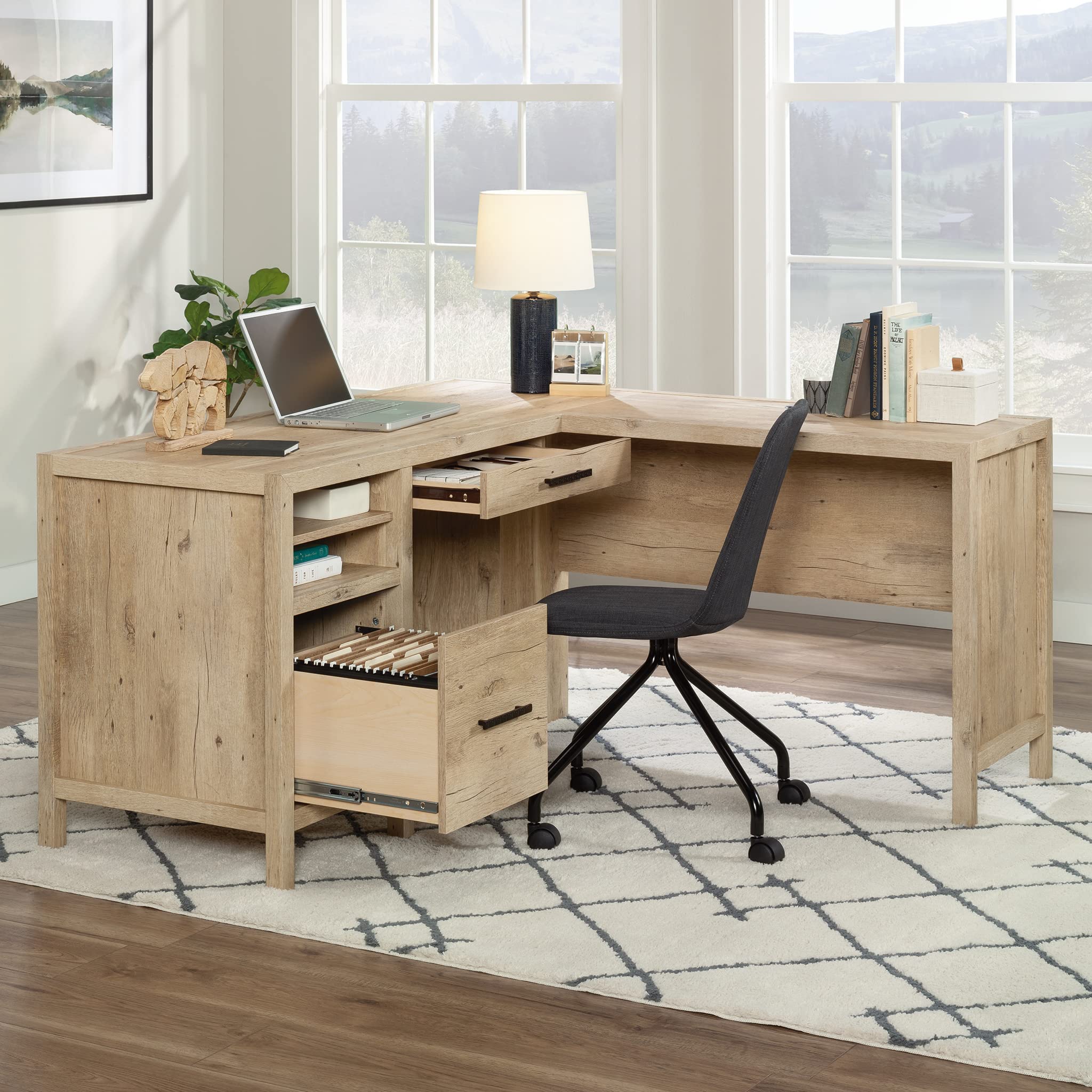 Sauder Pacific View L-Desk, L: 58.47" x W: 58.43" x H: 29.92", Prime Oak Finish - Image 4