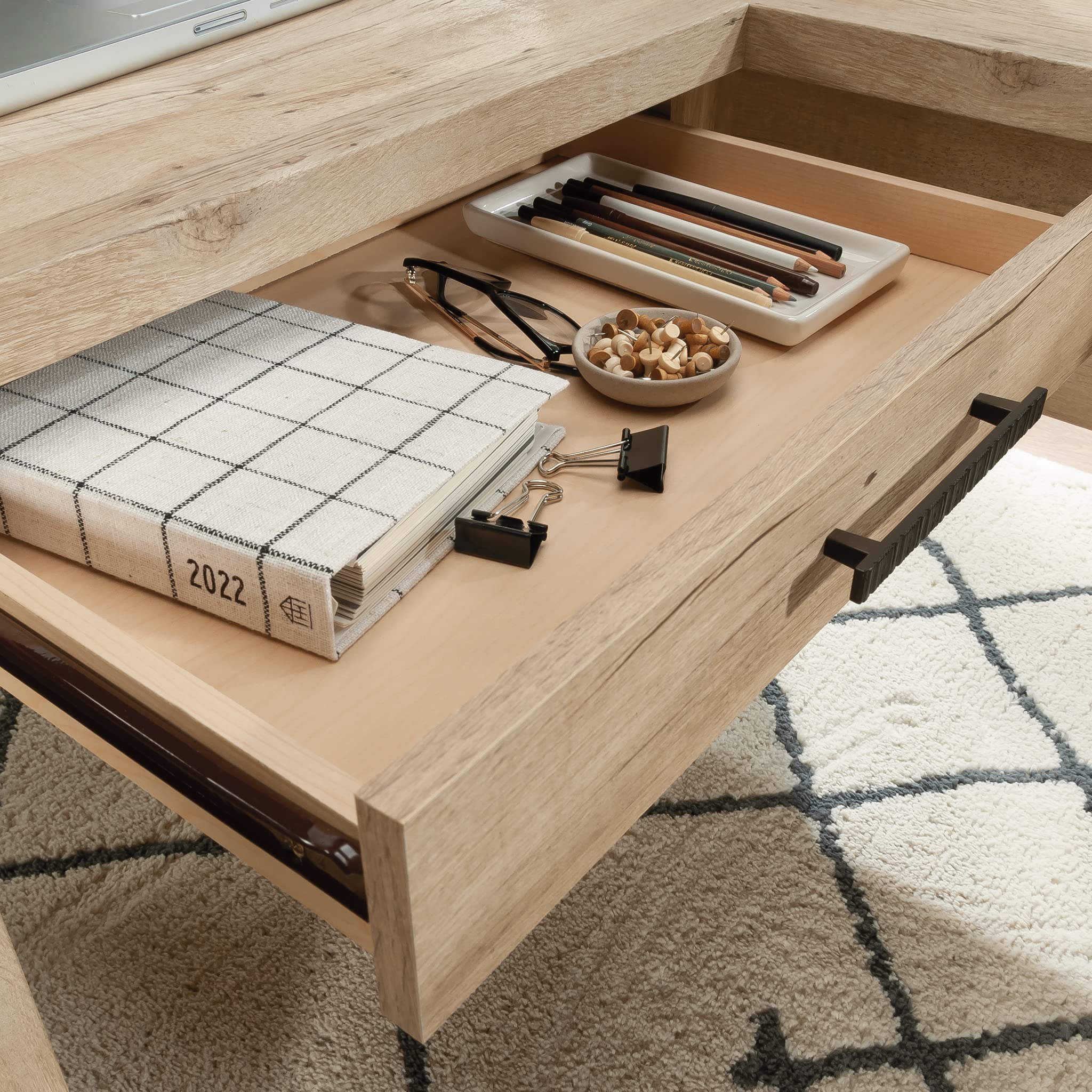 Sauder Pacific View L-Desk, L: 58.47" x W: 58.43" x H: 29.92", Prime Oak Finish - Image 7